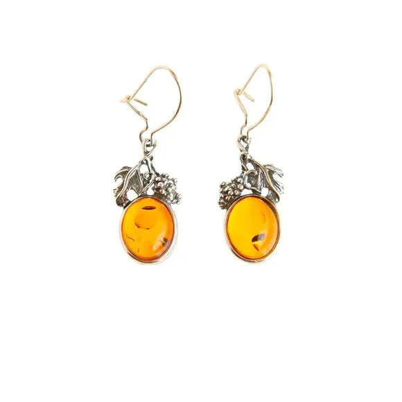 Baltic Amber Grape Leaf Dangle Earrings in s925 - Picture 2 of 6